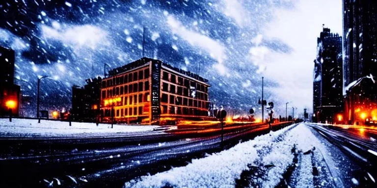 City at night with dark clouds and falling snow