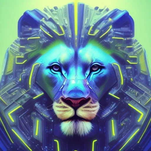 A beautiful portrait of a cyborg lion blue neon color scheme, high key lighting, volumetric light high details psychedelic background