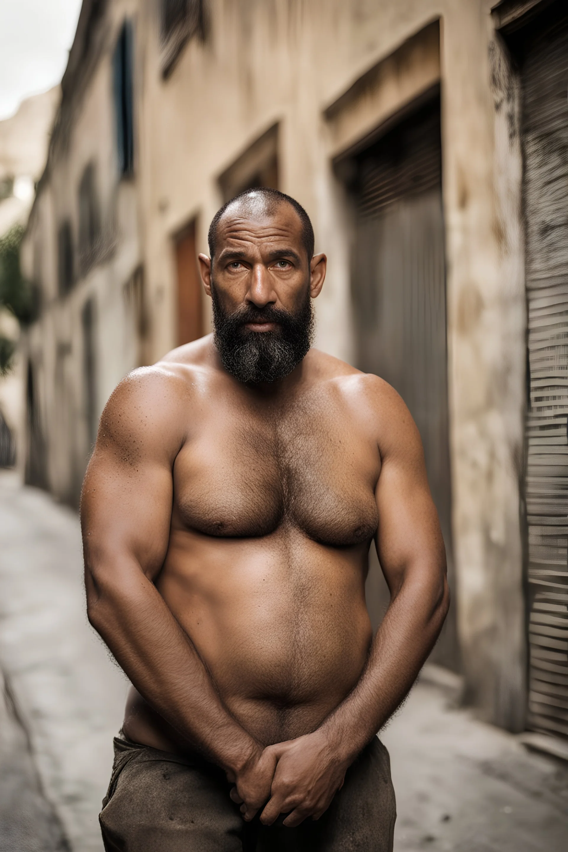 close up photography of an ugly 40 year old beefy robust burly marocan homeless, wearing his work shorts, shirtless, leaning with his back on the wall, crossing arms, dirty, sweat, wet, ajar mouth, hairy chest, , very virile, short beard, shaved hair,, , in a sunny street, photorealistic , frontal view from the ground