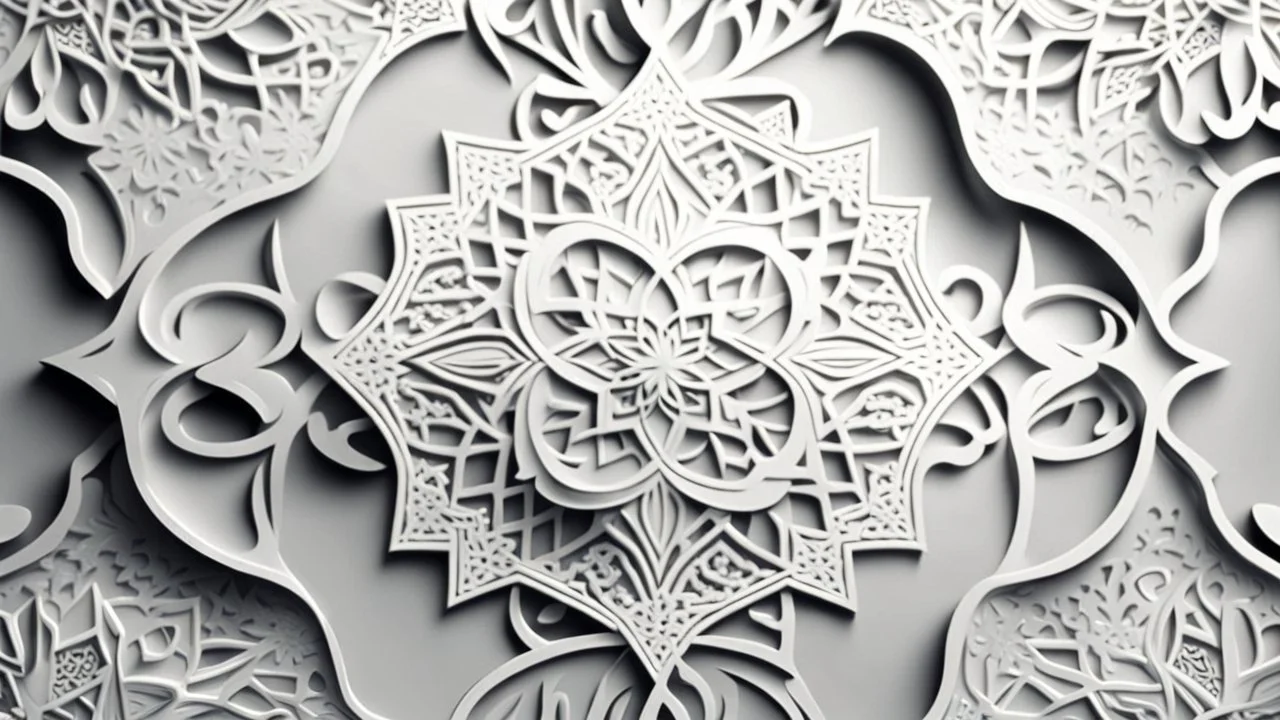 Hyper Realistic Beautiful White Islamic Pattern Design On Light-Grey Background.