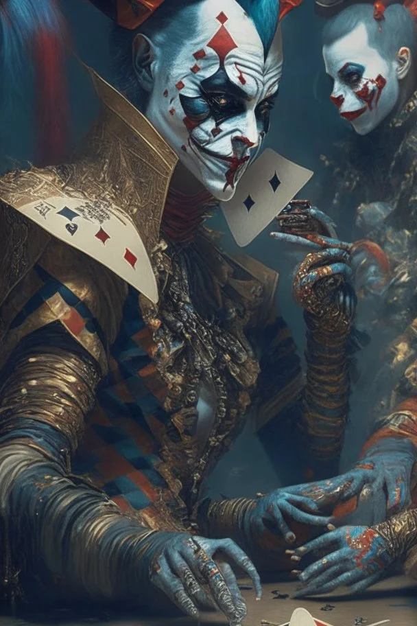 A harlequin character, playing cards with other people , sf, intricate artwork masterpiece, ominous, matte painting movie poster, golden ratio, trending on cgsociety, intricate, epic, trending on artstation, by artgerm, h. r. giger and beksinski, highly detailed, vibrant, production cinematic character render, ultra high quality model