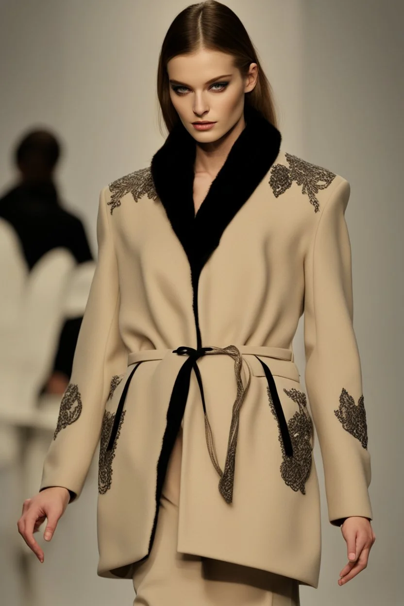 a winter fashion runway with moderna clothes inspired by Superman style, embroidery elegante fashion beige tones