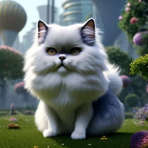 pixar style, volumetric summer garden environment and background, realistic painting of an cyberpunk Persian cat, looking excited, volumetric lighting, dramatic lighting, detailed digital painting, extreme dense and fine fur, anime, ornate, colour-washed colors, elegant, small minutiae, tiny features, particulars, centered, smooth, sharp focus, renderman gofur render, 8k, uhd, detailed eyes, realistic shaded volumetric lighting, sunlight caustics, backlight, centered camera view