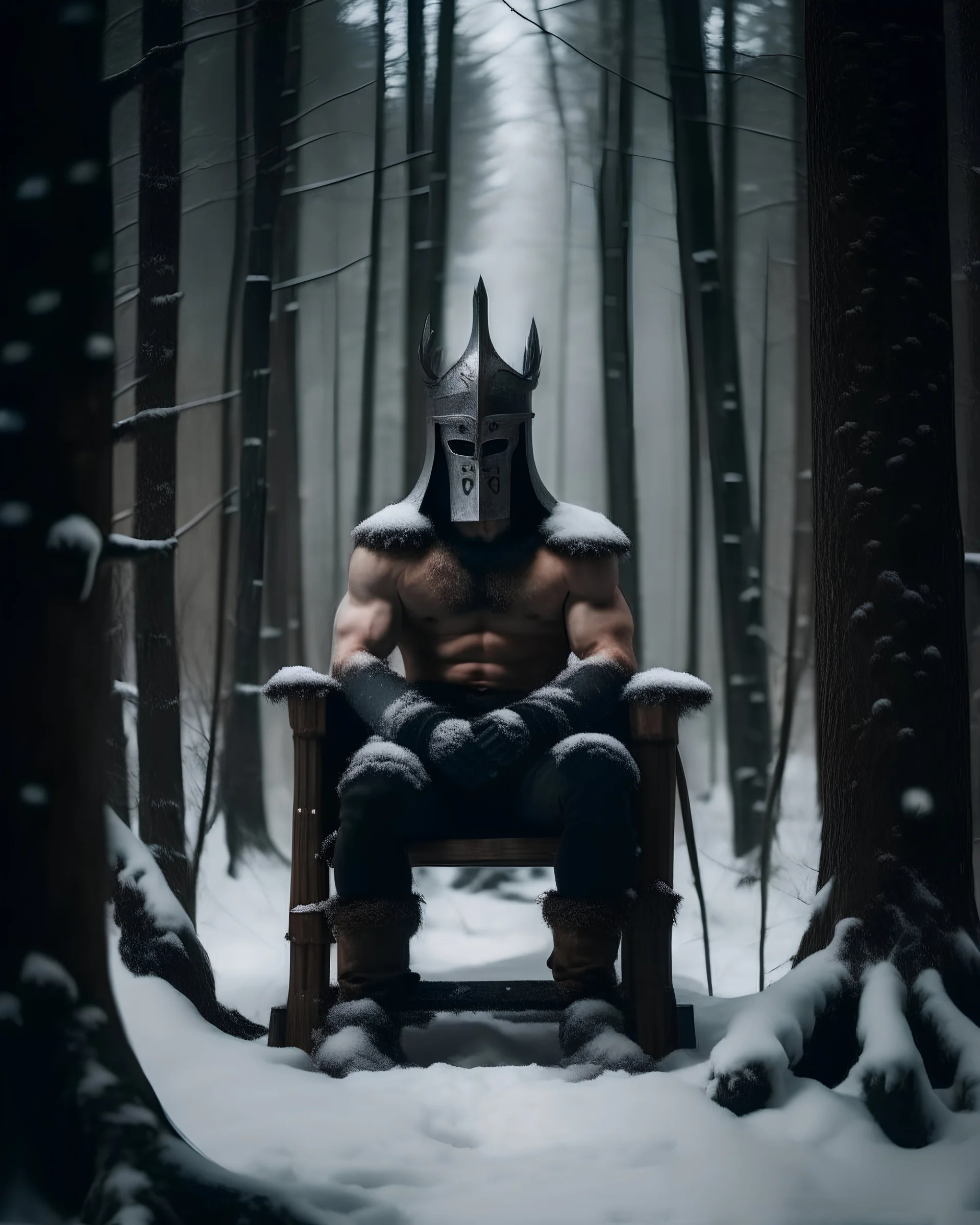 man sitting on a throne in a middle of a snowy forest, muscular athletic physique, wearing a ancient iron helmet over face,