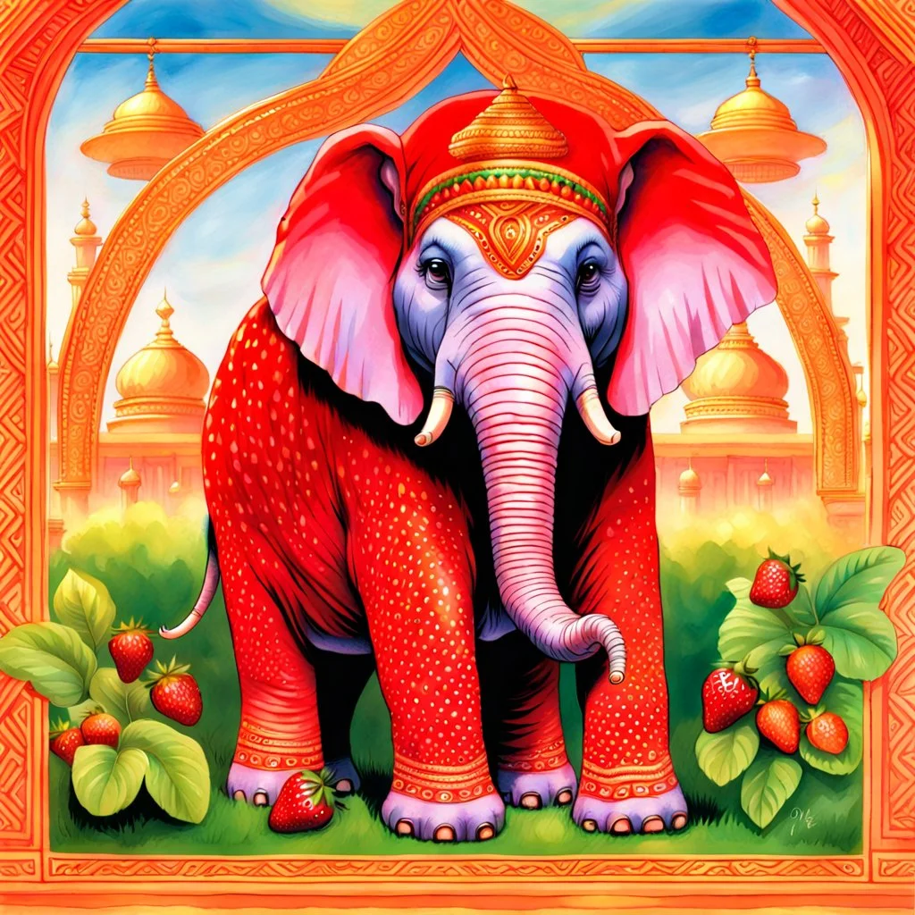 fantasy 90's tcg art of red strawberry elephant with an indian background