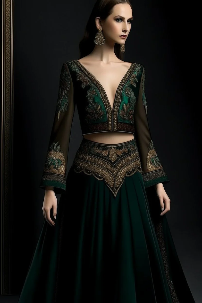 This skirt and top set is perfect for a formal event. The skirt is made of a luxurious silk fabric and features a flared silhouette. It is embellished with intricate embroidery and beadwork at the hemline. The top is made of a fitted velvet fabric and features a deep V-neckline. It is also embellished with embroidery and beadwork at the neckline and cuffs.