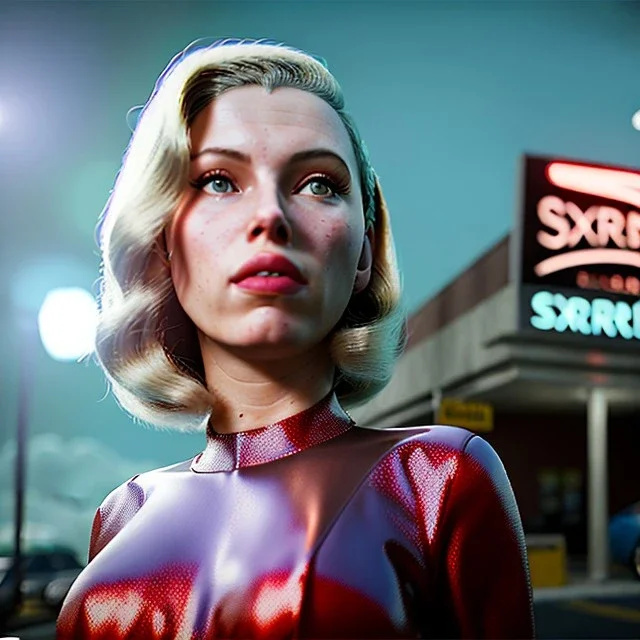 Ultra Realistic retro sci-fi movie Supermarket parking people scene, 1960 year, waist up view portrait, 1 blonde women and 1 octopus alien, sweet scarlet Johansson face, perfect iris, glow eyes, face makeup, tight latex coat. many people looking, Retro sci-fi style, soft color, highly detailed, unreal engine 5, ray tracing, RTX, lumen lighting, ultra detail, volumetric lighting, 3d, finely drawn, high definition, high resolution.