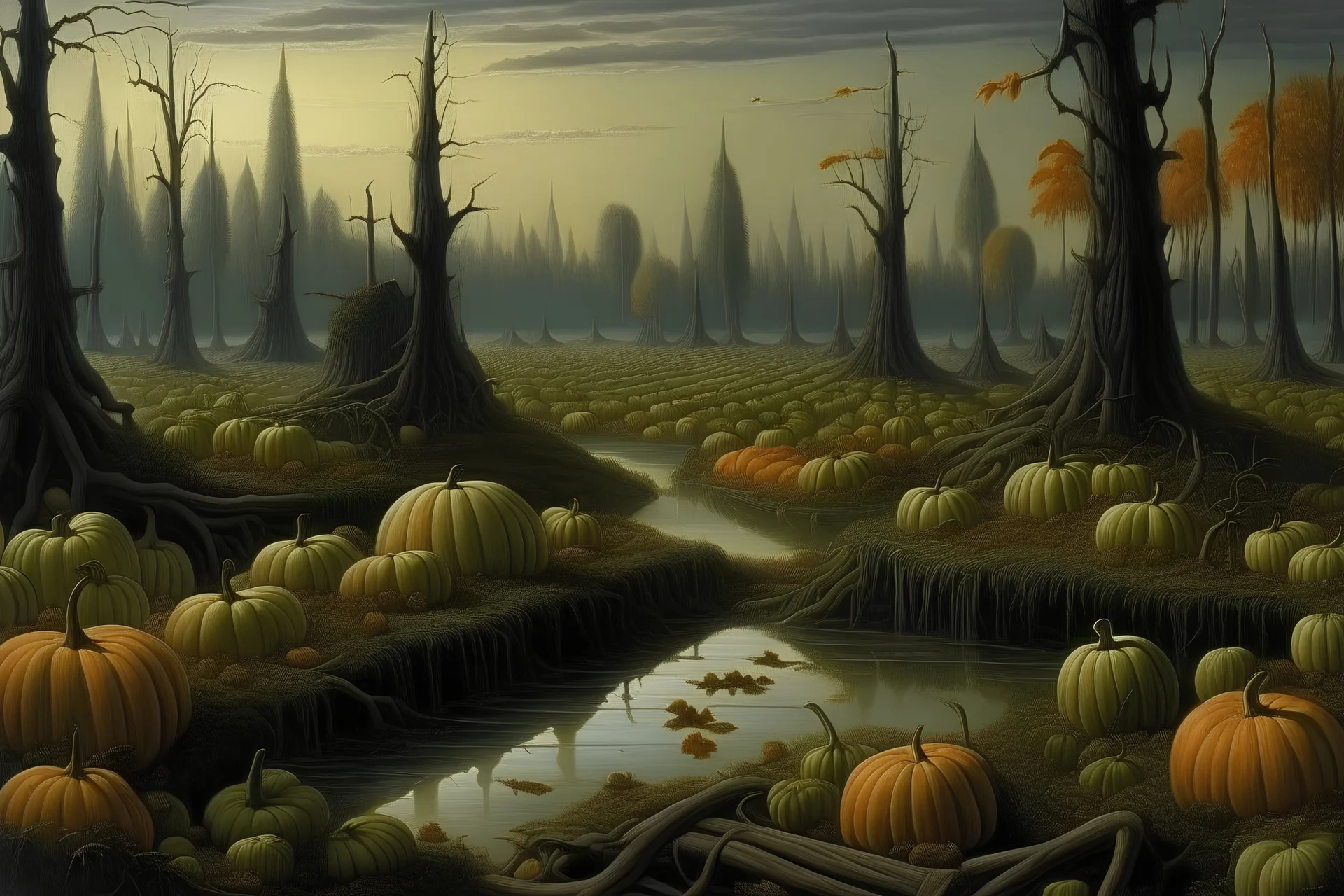 A swamp filled with pumpkins painted by Caspar David Friedrich