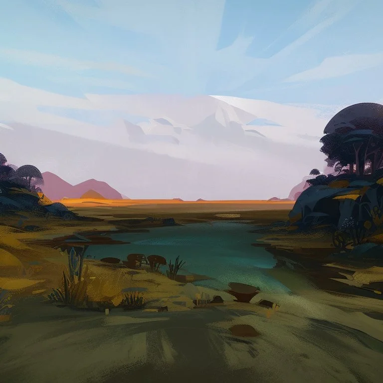 hand-painted 2D environment that is highly stylized, with exaggerated facial features and angular shapes with a color palette is dominated by rich, earthy tones, with splashes of bright colors used to draw attention to important objects or characters. The backgrounds are incredibly detailed, with a range of textures and lighting effects that give the world a tangible, lived-in feel.