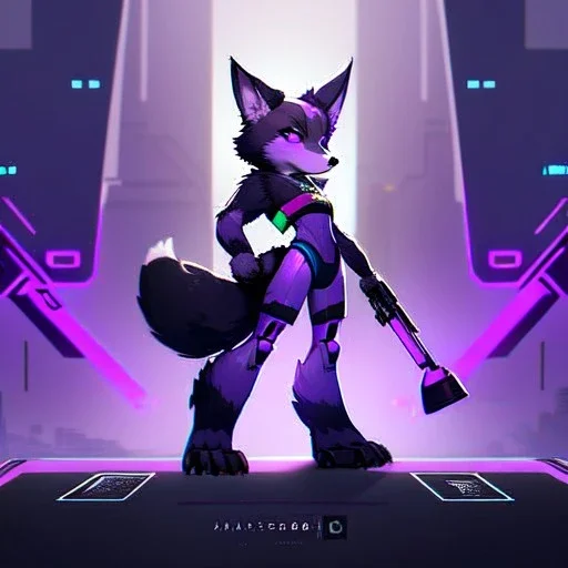 a fox fursona, darker colors, master quality, backlighting, soft lights, full body portrait, in frame, 8k, furry, fur, black and purple color pallet, robotic arm, cyberpunk, anthropomorphic