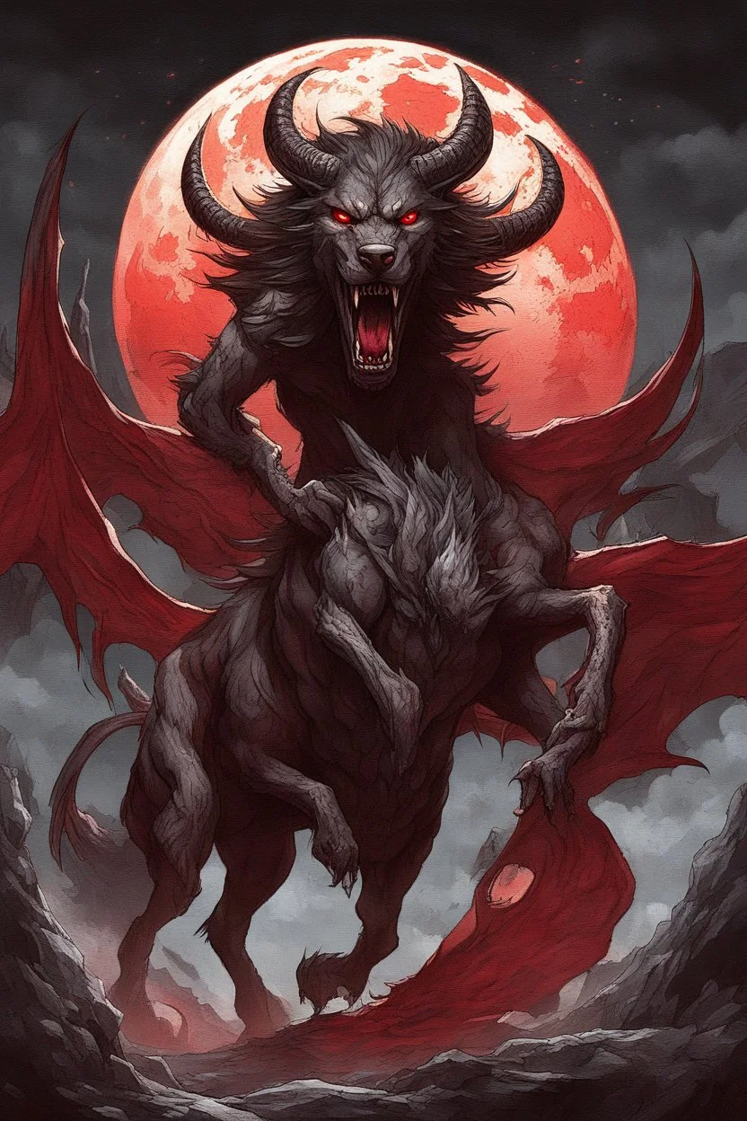 Under the blood red moon, they emerge— Azazel, Prince of Wrath, tall and proud, Flanked by his hounds, violent and grim. Born of flame, Azazel's skin smolders, Dark horns curl from his twisted brow, His wingspan blocks out the very stars. At his heels, the hellhounds follow, Coarse fur matted, teeth bared and snarling, Jaws that drip with sinners' blood.