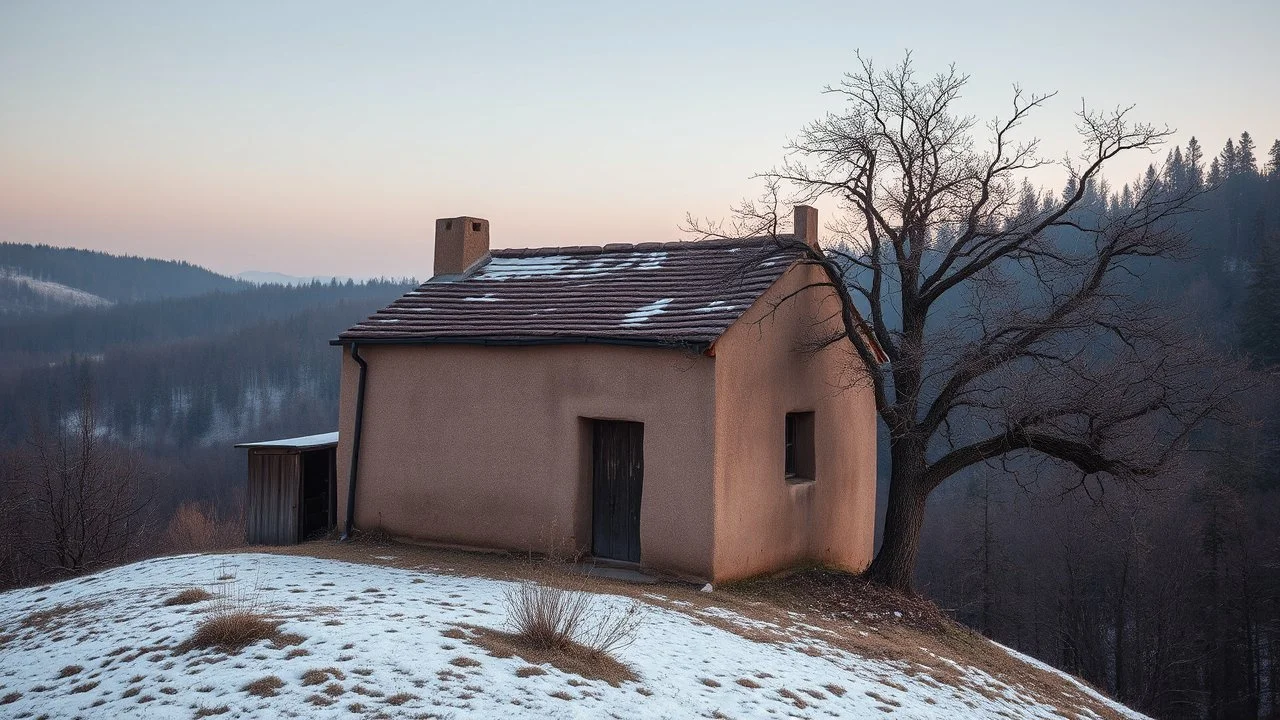 a lonely old adobe hut with worn adobe brown-gray wall and a small window, a crumbling roof, an old chimney stands on a hill, next to it is a small woodshed by the wall, and an old withered tree leans over the hut, the hut stands on the edge of a European forest, winter, snowy landscape, low light, dawn, high detailed, sharp focus, high realistic, perfect photo