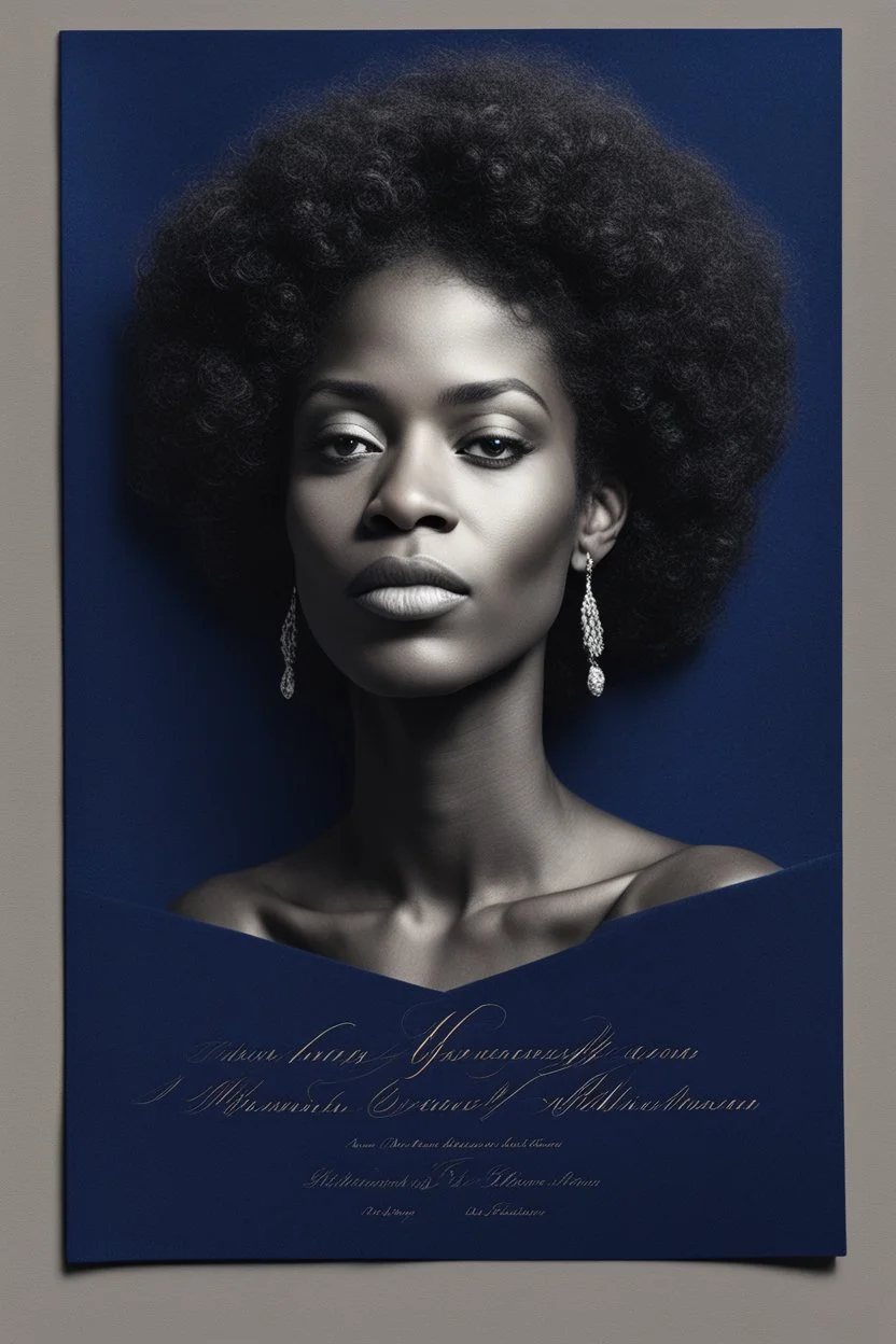 An extremely formal, funeral program written in French for a black woman (include a front photograph of a beautiful lightly tanned biracial black woman) on darkest blue deeply pigmented velvet paper with brilliant, brightest heavy bright shining platinum calligraphy fonts, simple, minimalistic, less element, very dramatic lighting