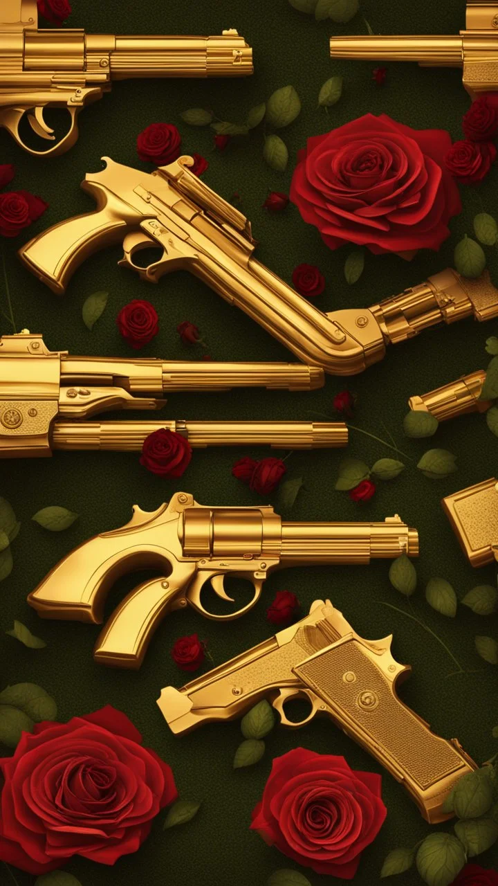 two golden guns above a grave in a field full of red roses.cinematic.realistic