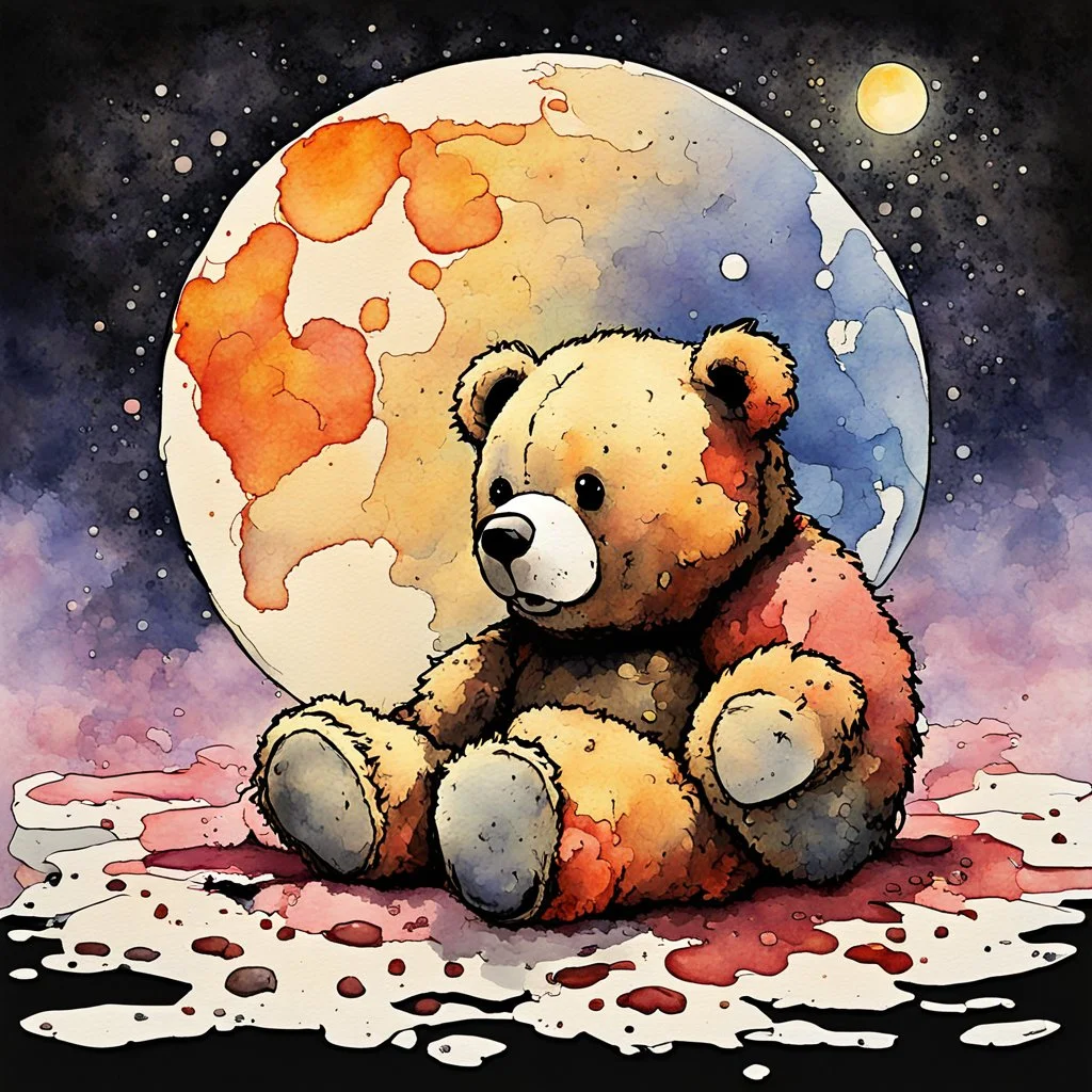 Maudlin Impressionistic watercolor of a discarded (sad limp Teddy Bear laying prone:2.2) with stuffing falling out, vision inside a moon, Style of Philip Guston and Banksy, double exposure splash art, watercolour and pen, Layered Inside, merged Painterly styles by Photoshop, transparency layers bleeding through, warm colors, moody, nostalgic, sad, memento mori, negative space,