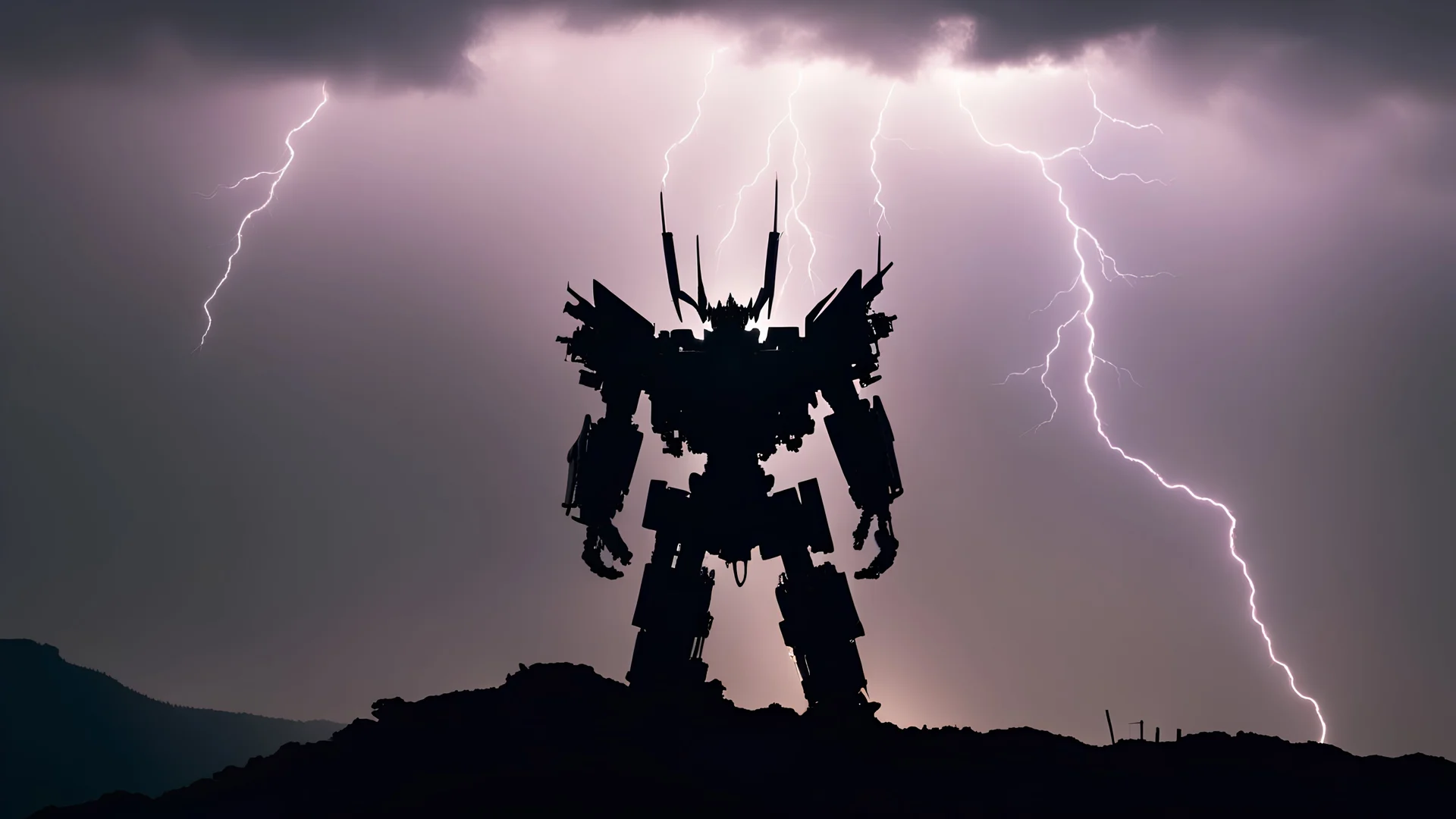 silhouette of the a transformer very very very far away on top of a mountain in the distance, cinematic lightning