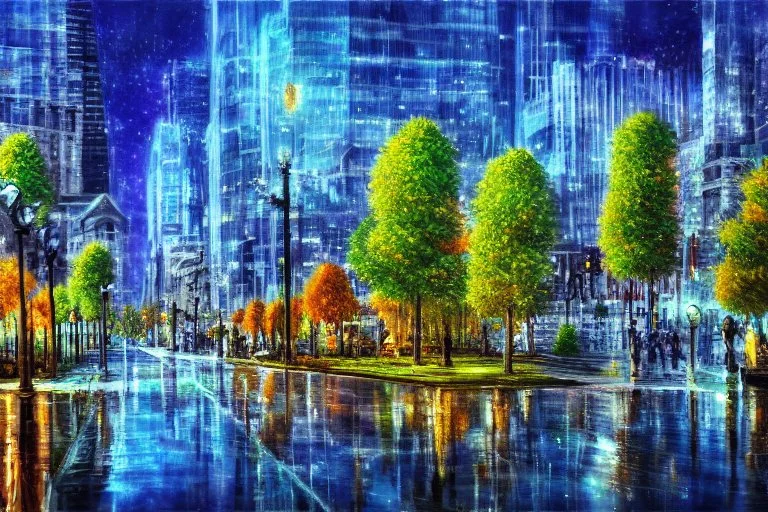 City near trees, sci-fi, Photography, hyperrealism, hd, impressionism painting