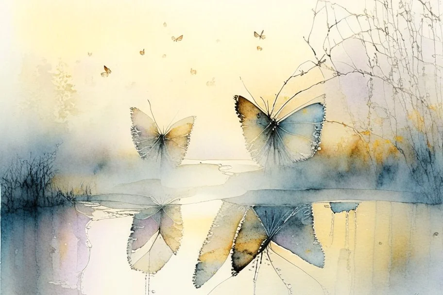 double exposure, merged layers, ethereal butterfly, Sunrise on a misty morning. over a misty pond in the hieght of fall. Watercolour by Alison Brady. Pastel colours, heart and love Arthur Rackham Gothic Watercolour Jean-Baptiste Monge Ernst Haeckel Minimalist Kay Sage watercolour art