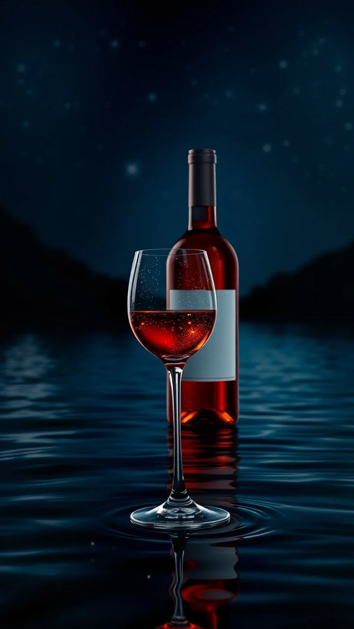 a glass, on river water surface dark background with stars a bottle of wine and a sparkling lights dots