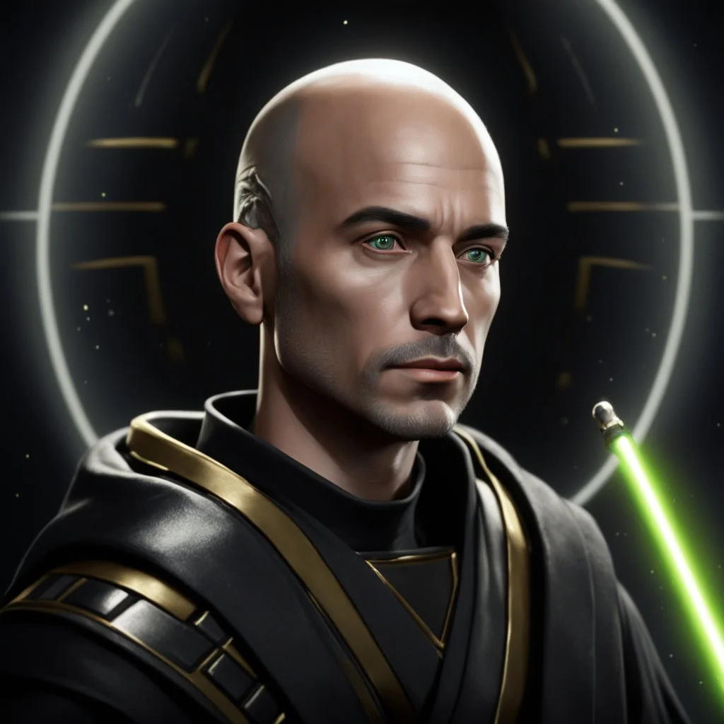 star wars bald male corellian jedi pilot wearing gunmetal grey and black old republic armored robes with gold trim inside the jedi temple holding a lightsaber with viridian green blade in left hand, centered head and shoulders portrait, hyperdetailed, dynamic lighting, hyperdetailed background, 8k resolution, volumetric lighting, light skin, fully symmetric details