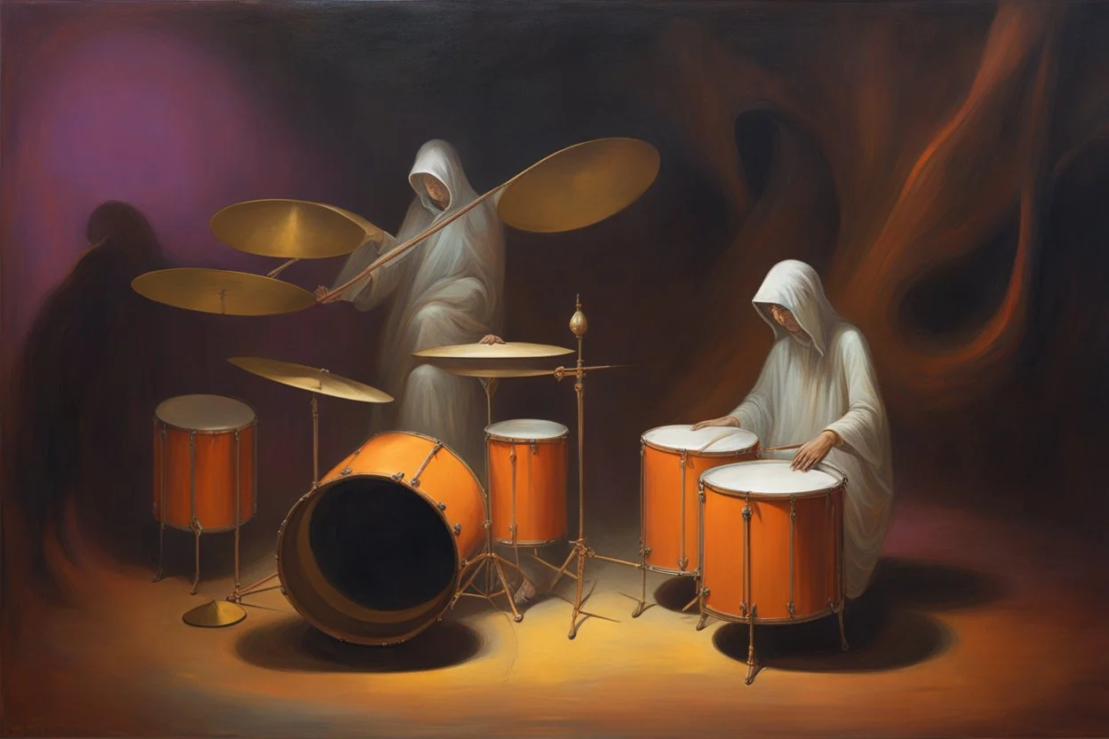 the sleepy drummer who beat on our eyes with an old story, warm colors, asymmetric neo surrealism, by Agostino Arrivabene, volumetric lighting, smooth beautiful art style, orange-brown-violet color scheme.