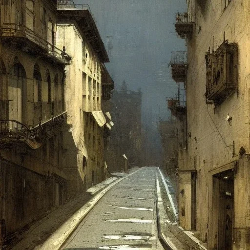 Genoa, uphill road , by Jeremy mann, point perspective,intricate detailed, strong lines, John atkinson Grimshaw,