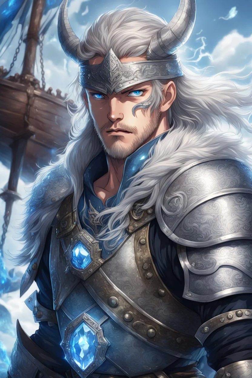 warrior in anime style, with blue eyes wearing silver Vikings armor with a blue crystal on his chest with a battle axe on the pirate ship, anime, anime style