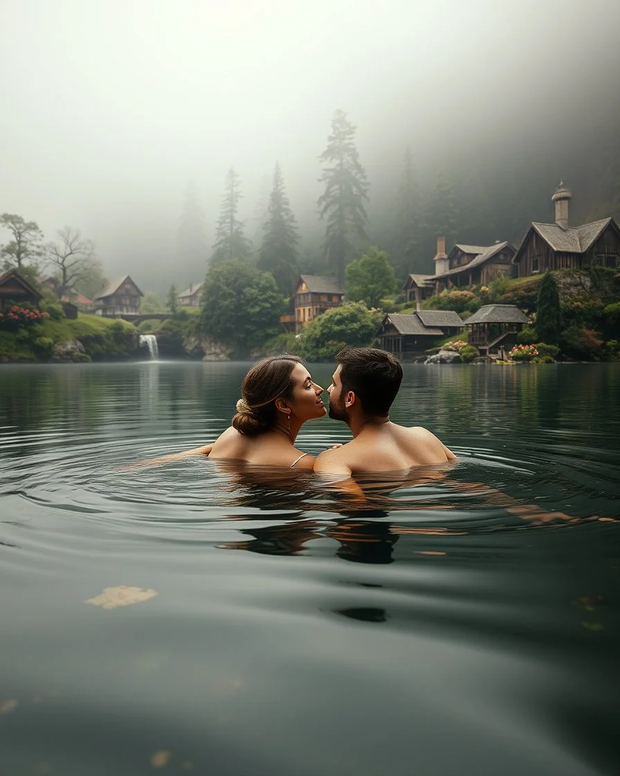 Portrait Romantic European couple swimming kissing together in lake Wonderful landscape fantasy early morning heavy fog photography art Rivendell village,lake,magical forest and houses,beautiful mushrooms,roses flowers,little waterfall,lake,close up photo beautiful romance couples on swimming together in lake