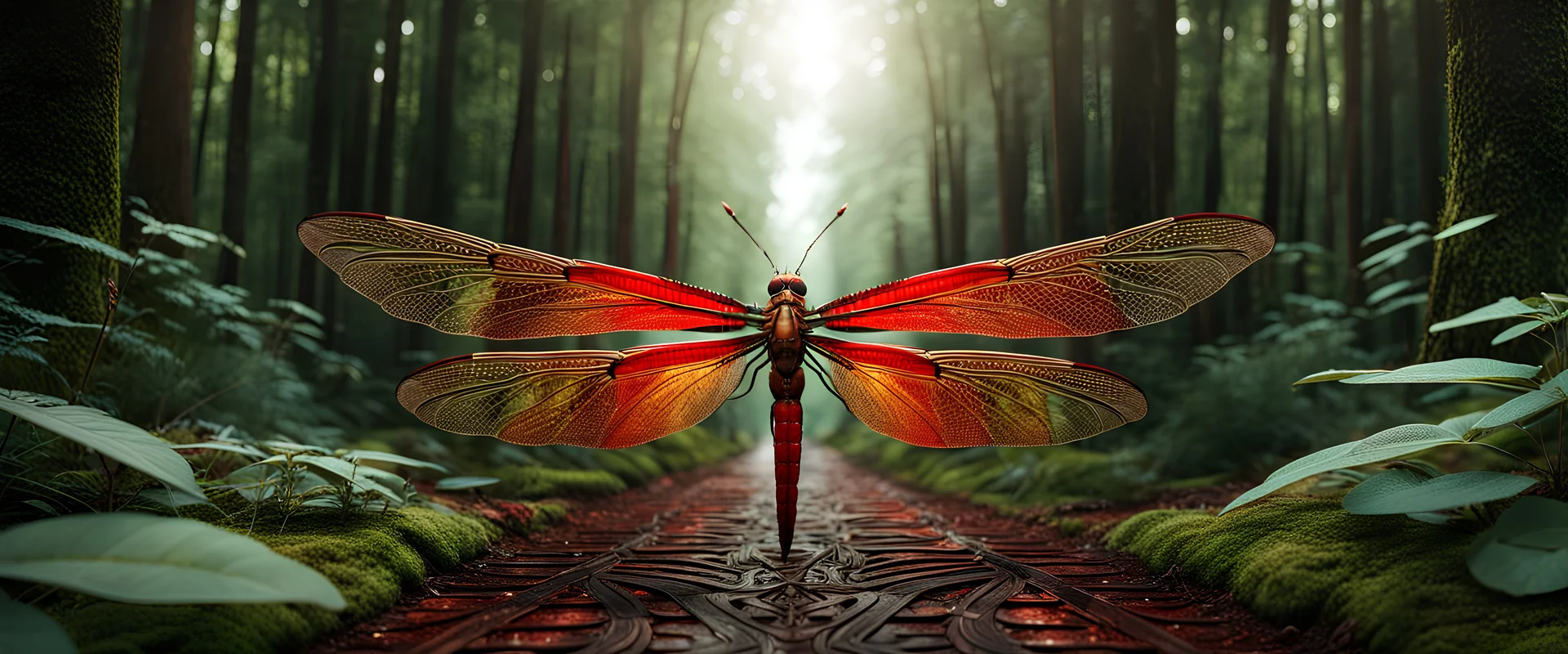 High-end hyperrealism epic logo red dragonfly A. R. D. logo ARD, inspired cinematic photography, symmetry forest alley background, Aesthetic combination of sage green and walnut and honey red, Vintage style with brown pure leather accents, Art Nouveau visuals with Octane Render 3D tech, Ultra-High-Definition (UHD) cinematic character rendering, Detailed close-ups capturing intricate beauty, Aim for hyper-detailed 8K