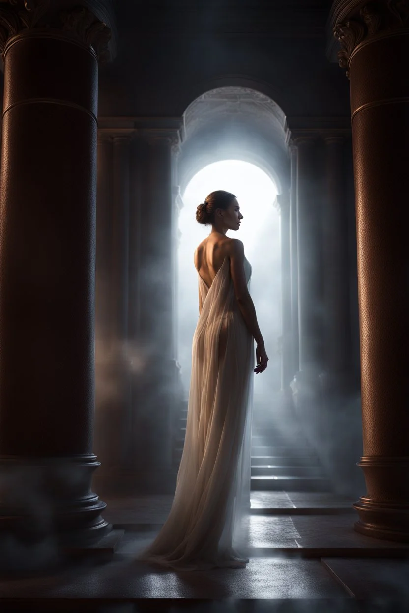 transparent woman made of fog in a roman temple. full body shot. fantasy setting, Cinematic lighting, Volumetric lighting, Epic composition, Photorealism, Very high detail, Character design, Unreal Engine, Octane render, HDR, Subsurface scattering, fantasy art,