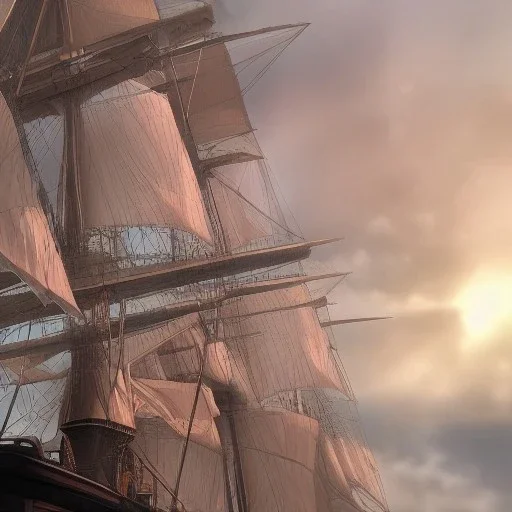 photo of a ultra realistic sailing ship, dramatic light, pale sunrise, cinematic lighting, battered, low angle, trending on artstation, 4k, hyper realistic, focused, extreme details, unreal engine 5, cinematic, masterpiece, art by studio ghibli, intricate artwork by john william turner