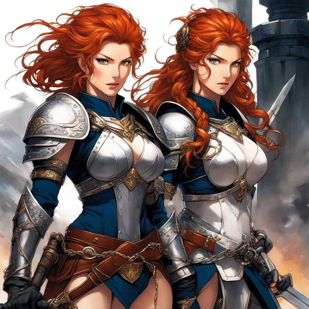 (in the style of Orion, by Masamune Shirow) Subject & Action: A fierce, generational duo of two redhead warrior women stands resolute. The mother, a battle-hardened matriarch with braided ginger hair and war paint, wields a heavy, two-handed claymore, her expression stern and commanding. She wears weathered leather and chainmail armor with tartan accents. The daughter, younger but equally intense with wild, vibrant orange-red hair and fierce eyes, holds a sharpened broadsword and a round targe s