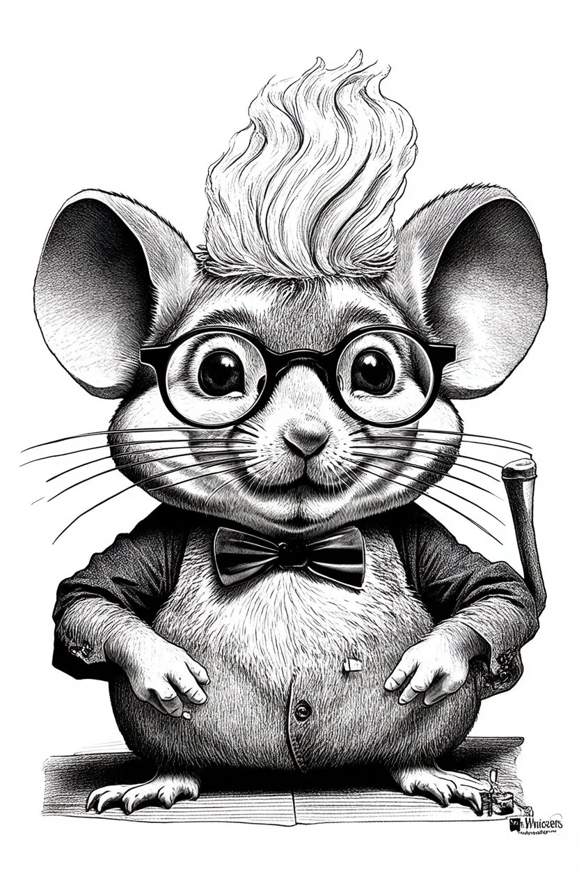 - “Mr. Whiskers McStreusel crazy old mouse inside his magic cheese shop, a wiry fellow with wild white hair and glasses so large they practically covered his whole face.” charcol sketch on white background