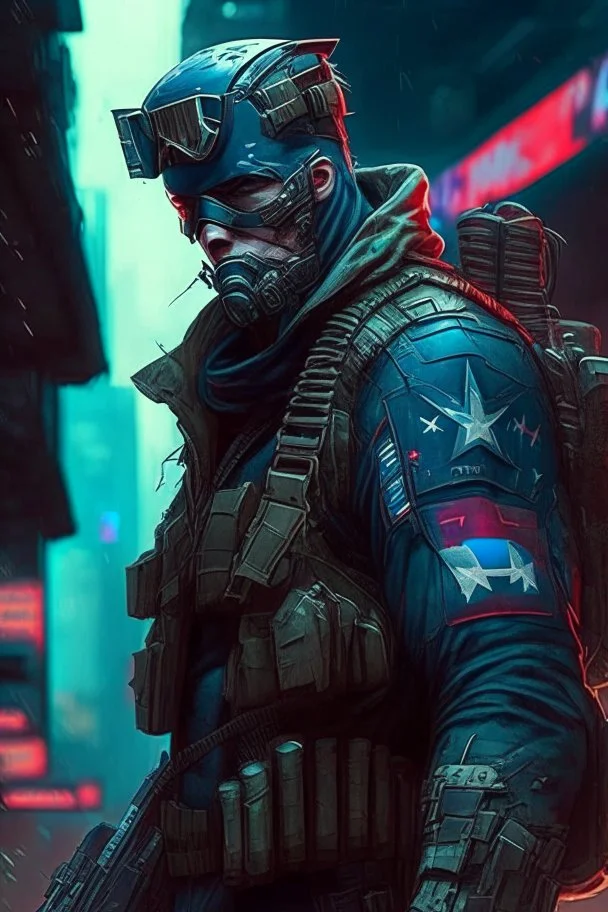 Captain america in militiary cyberpunk style