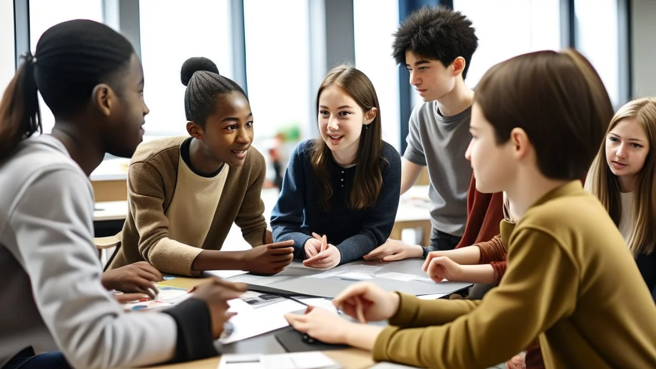 The image depicts a group of students actively engaged in a collective discussion within a classroom. The atmosphere is filled with enthusiasm and collaboration, evident through their lively interaction and exchange of ideas. The image illustrates the promotion of social interaction and cultural learning within an educational environment, where students learn from one another and build interactive bridges that contribute to enhancing understanding and cooperation among diverse cultures.