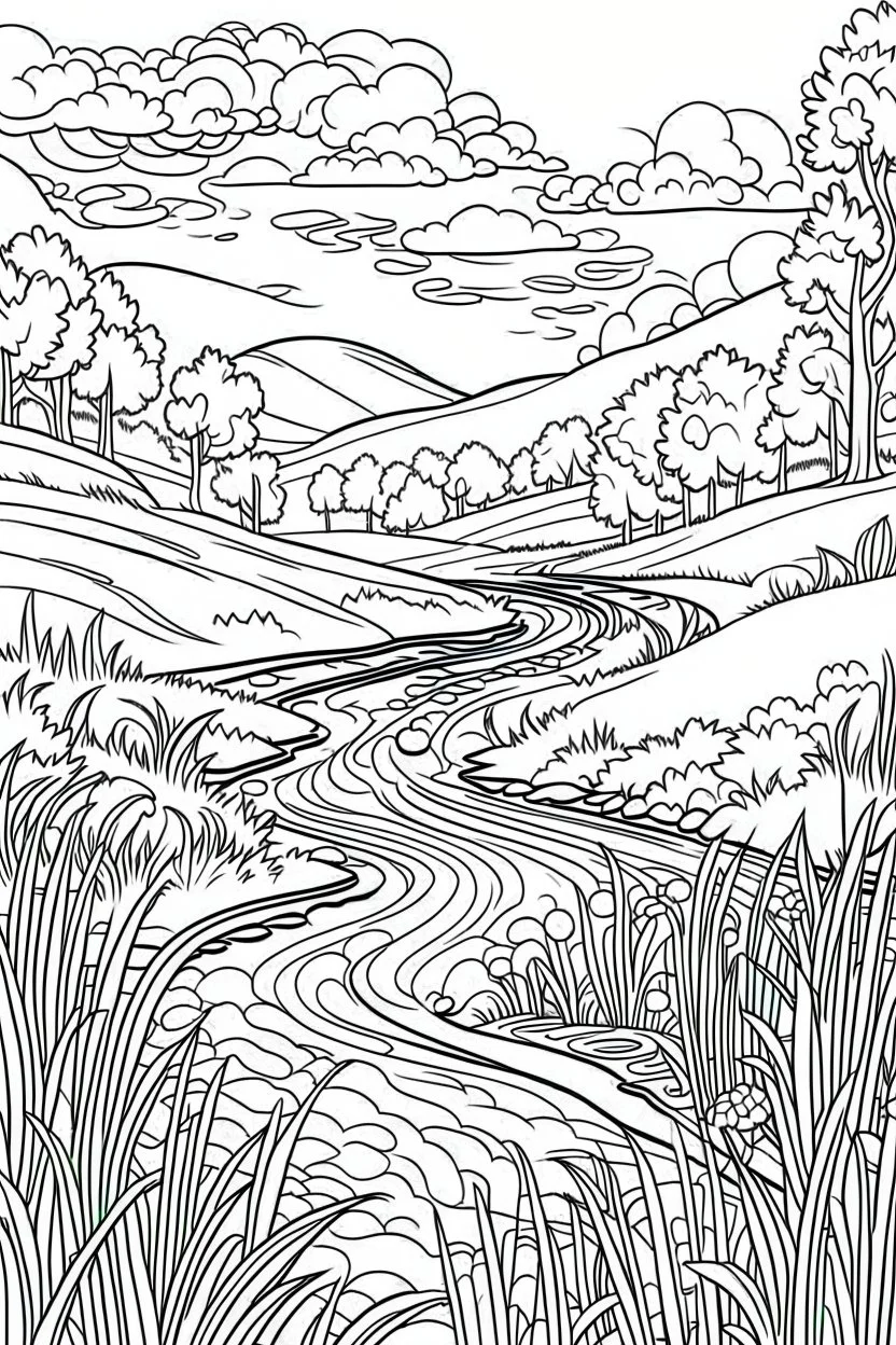 coloring page, creek through a meadow, cartoon style, thick lines, low detail, no shading