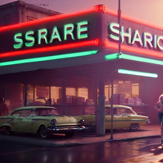 Ultra Realistic retro sci-fi afire Supermarket parking scene, 1960 year, many running people. blonde woman, sweet scarlet Johansson face, perfect iris, glow eyes, face makeup, tight latex coat; many panic people, Retro sci-fi style, soft color, highly detailed, unreal engine 5, ray tracing, RTX, lumen lighting, ultra detail, volumetric lighting, 3d, finely drawn, high definition, high resolution.