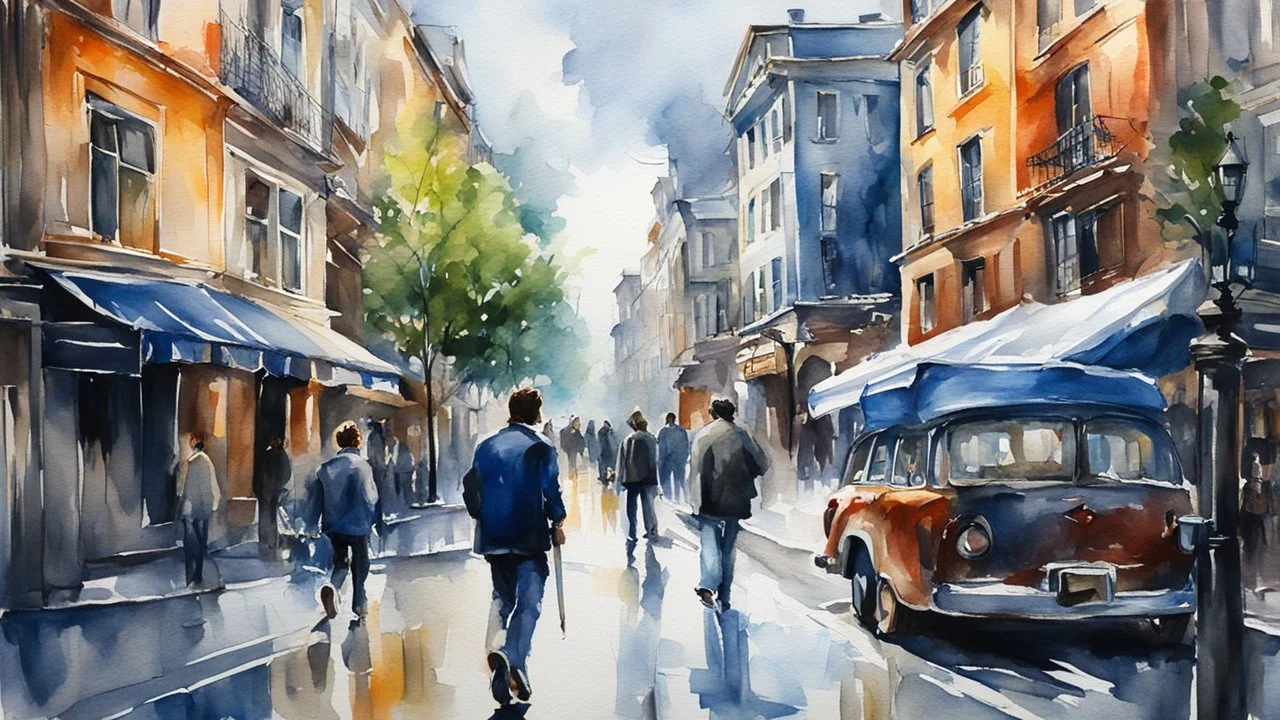 watercolor, man in the city, impressionism, alcohol oil painting of a city, 32k resolution, hyper-detailed, fine detail, fine rendering, airbrush strokes, 8k concept art, hyper-detailed, intricate detail