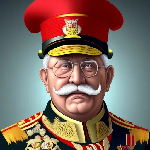 An obese elderly general in military attire. He's balding, has a cigar in his mouth, and has wrinkles. He has a thick moustache and large glasses