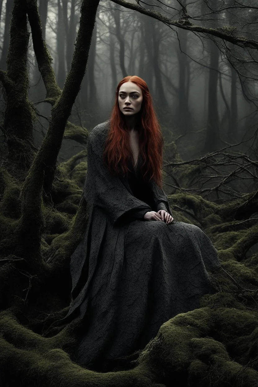 [Sophie Turner] Sophie stumbled wearily through the dense growth, branches clawing at her tattered clothes. How many days had she wandered this dismal forest? Her memories were fading along with her strength. The cliffs she'd spotted from afar had led her not to shelter, but further isolation. Endless rocky foothills dissolved into this gloomy woodland, the scraggly trees clinging to life in the parched soil. Finding water had become an obsession, driving her on even as hunger gnawed at her insi