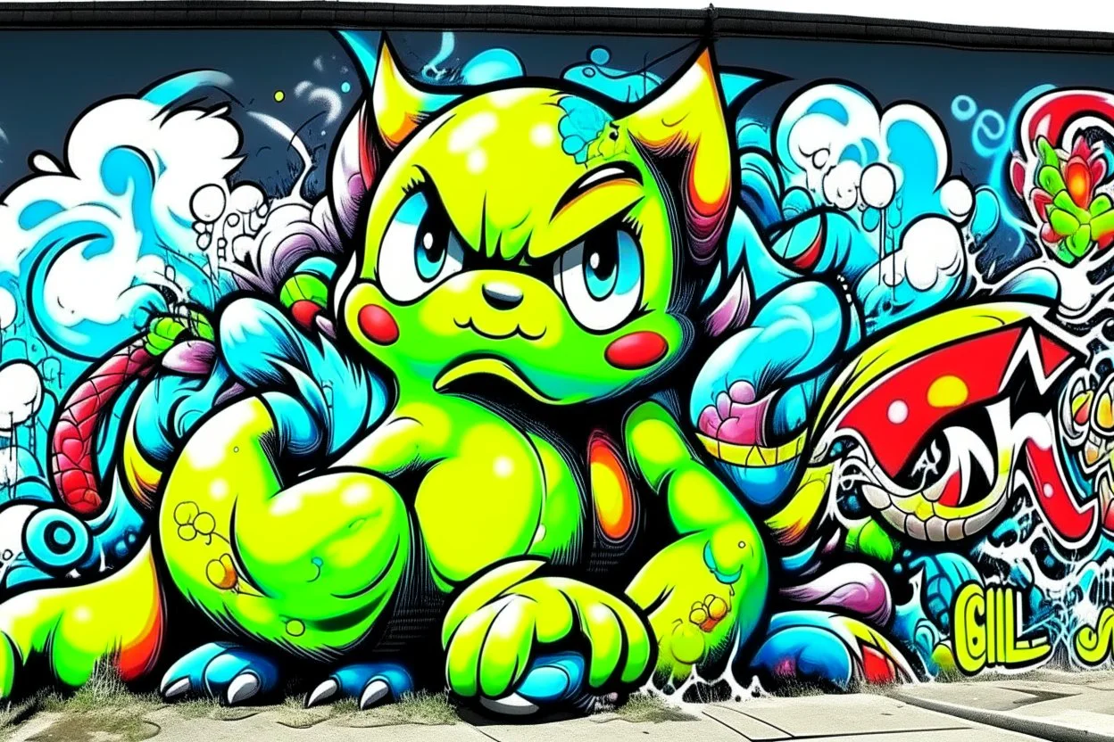 a graffiti mural wall with the word cell pokemon style