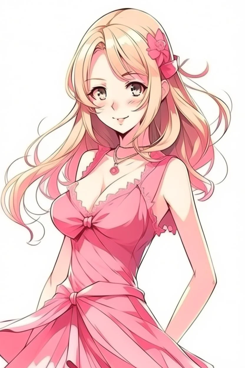 hot anime girl posing in pink dress and blonde hair