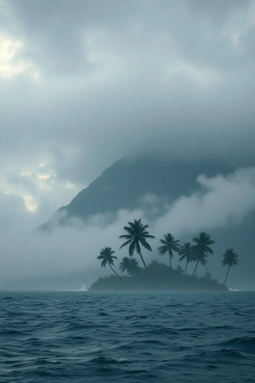 Creat a view from the ocean of an island filled with palms tree with a mountain in the background and a thunderstorms and rain and foggy clouds and high waves, cinematic, 8k, high quality photo , dim sun light behind the clouds, Busch painting style nightmares