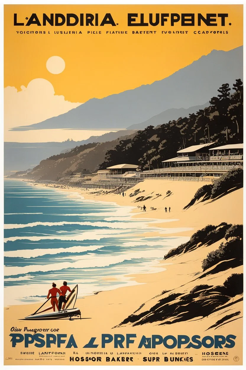 [Affiches "LANDIFORNIA" vintage by Albert Victor Eugène Brenet] Famous iconic Landifornia surf beach La Piste of Hossegor-Capbreton with its iconic bunkers