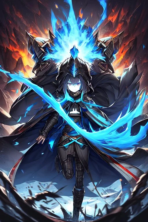 A warrior with a matte black combat helmet and eyes with bright blue flaming pupils, a black cape and a long coat with long combat boots and a long, sharp and fiery spear and with his helmet under his cape and two blue flames instead of eyes