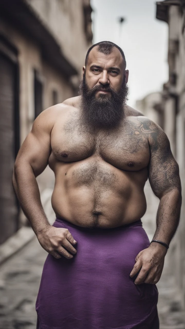 full figure photography of dirty smiling marocan burly muscular chubby strong man 38 years old with long raided beard, shaved hair, tattoo, photorealistic ,dressed with a purple torn and broken t-shirt, side light, outdoor in a dirty street