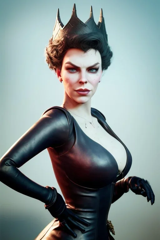 Hannah Waddingham as evil queen in black leather, busty, cleavage, voluptous, rebecca Welton, angry, stern look. character design by cory loftis, fenghua zhong, ryohei hase, ismail inceoglu and ruan jia. unreal engine 5, artistic lighting, highly detailed, photorealistic, fantasy