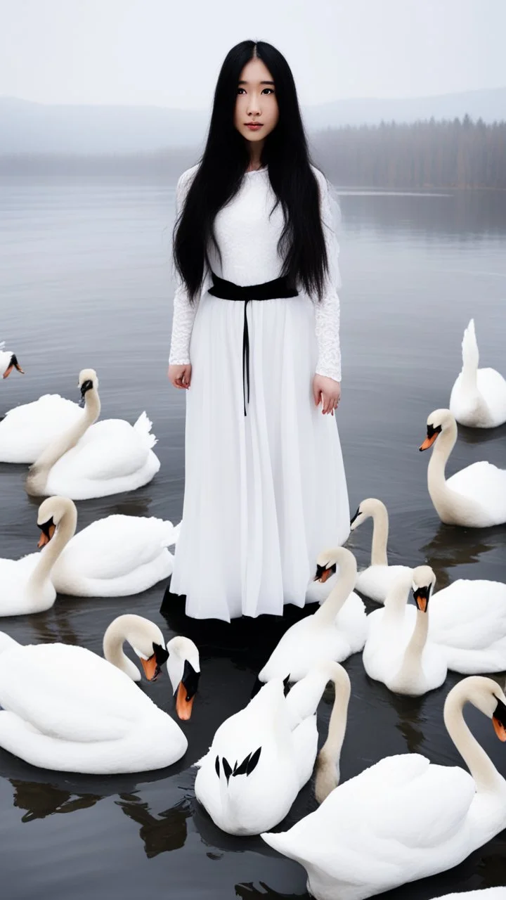 A girl with long black hair wearing a white dress stands in front of Swan Lake surrounded by snow