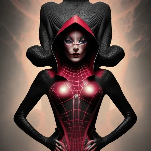 This spider woman is a formidable sight to behold, with the body of a human woman and the head and legs of a spider. She is dressed in a sleek black and red leather suit, with a hood that covers her spider head. Her skin is covered in shimmering black scales, and her eyes glow a bright, otherworldly green. She is fast and agile, able to climb walls and ceilings with ease. She has venomous fangs and sharp claws, and she can spin webs of magical energy to ensnare her enemies. She is intelligent an