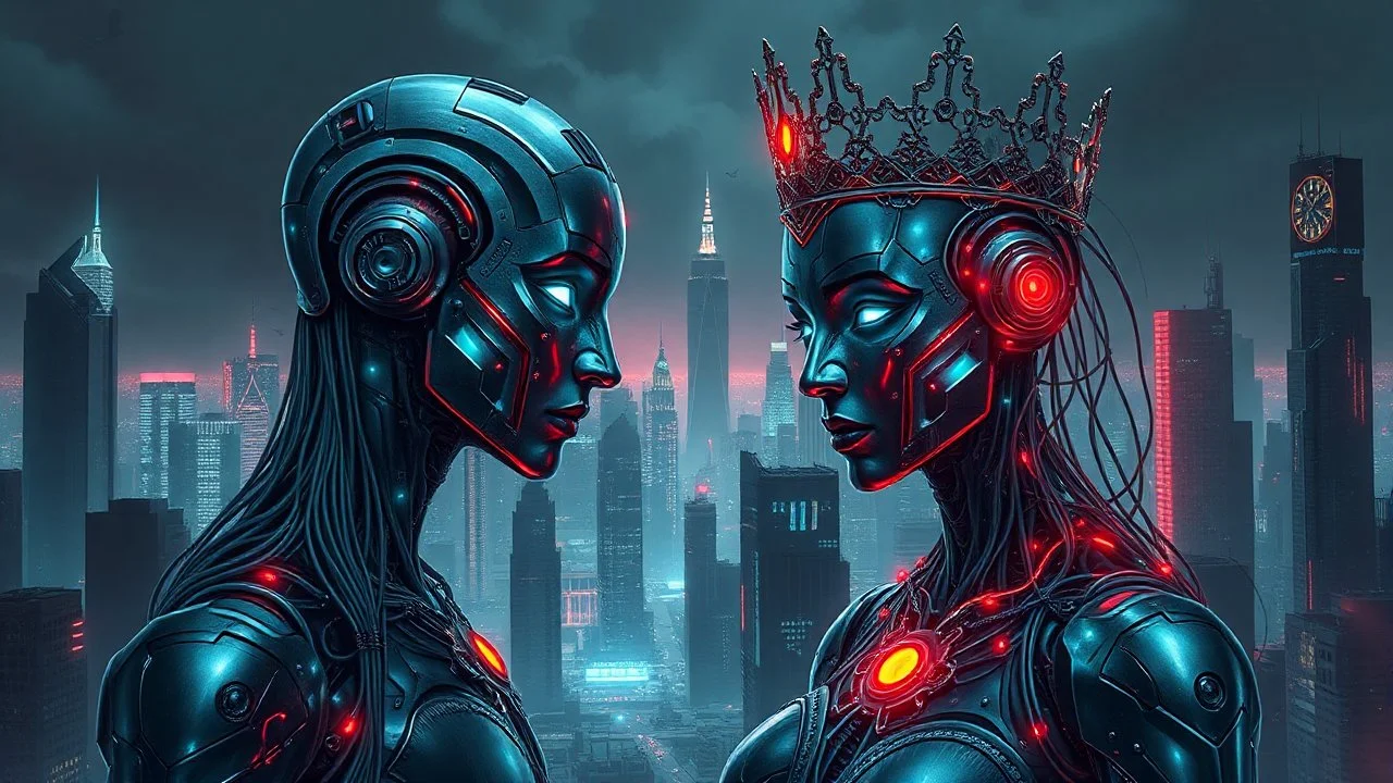 In the eerie digital dystopia, a cybernetic king & queen reigns over a decaying kingdom of interconnected circuits and pixelated ruins. This digital painting depicts a hauntingly beautiful scene of a futuristic cityscape where neon lights flicker among broken skyscrapers. Their metallic skin glistens with intricate circuitry, their eyes glowing with artificial intelligence. The level of detail in the image is mesmerizing, with each pixel carefully crafted to create a sense of foreboding elegance